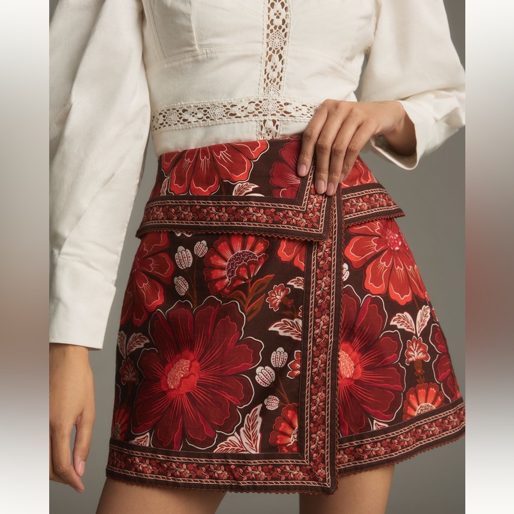 Farm Rio Gigi wrap-effect floral-print cotton-twill mini skirt Sz 30